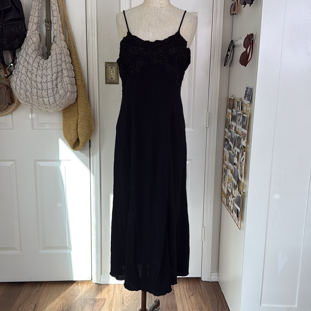 Vintage Black Beaded Slip Midi Dress